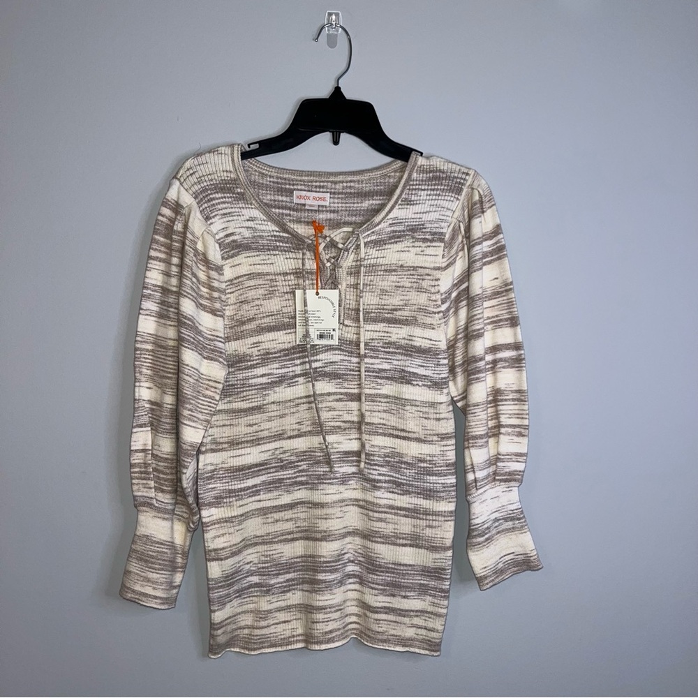 Knox Rose Beige and Taupe Textured Cage Neck Blouse Large
